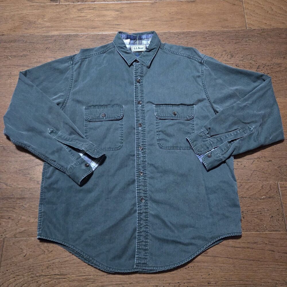LL Bean Shirt Mens Large Green Hurricane Flannel Lined Button Up Outdoors Hiking